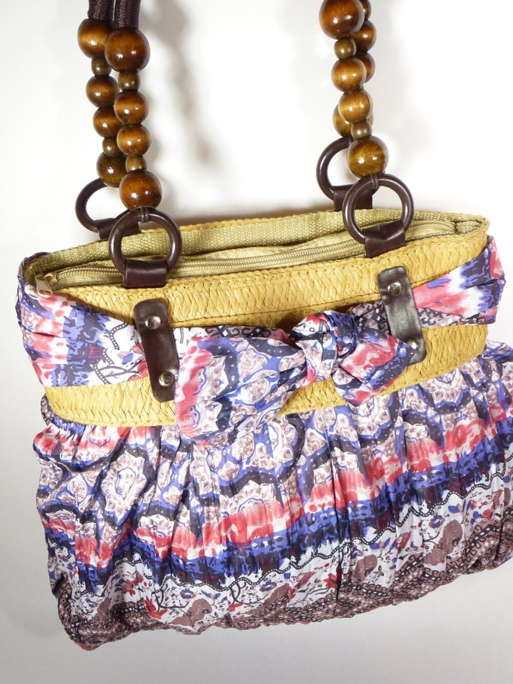 New purple, red, tan and brown print cloth handbag